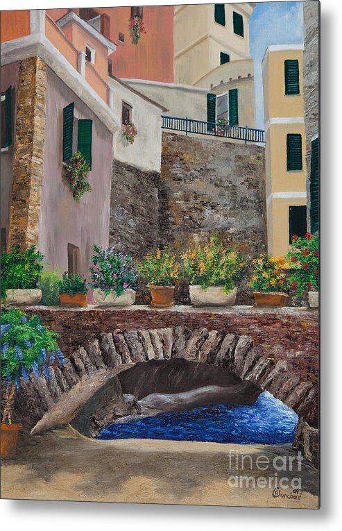 Italy Art Metal Print featuring the painting Italian Arched Bridge With Flower Pots by Charlotte Blanchard