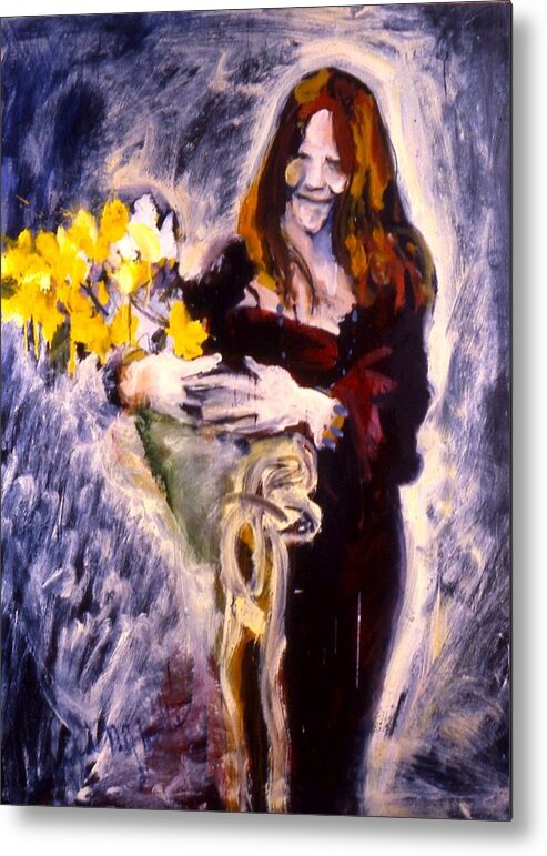 Janis Joplin Metal Print featuring the painting Janis with Yellow Roses by Les Leffingwell