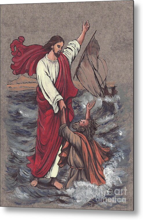 Jesus Metal Print featuring the painting Jesus Saves Peter by Morgan Fitzsimons