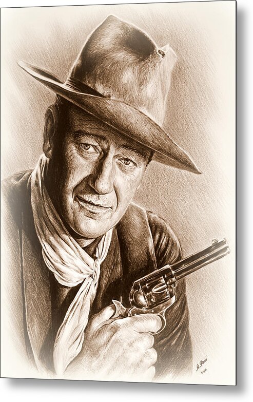 John Wayne Metal Print featuring the drawing John Wayne sepia frosted by Andrew Read