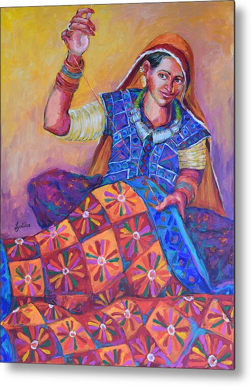 Tribal Woman Metal Print featuring the painting Joy of Quilting by Jyotika Shroff