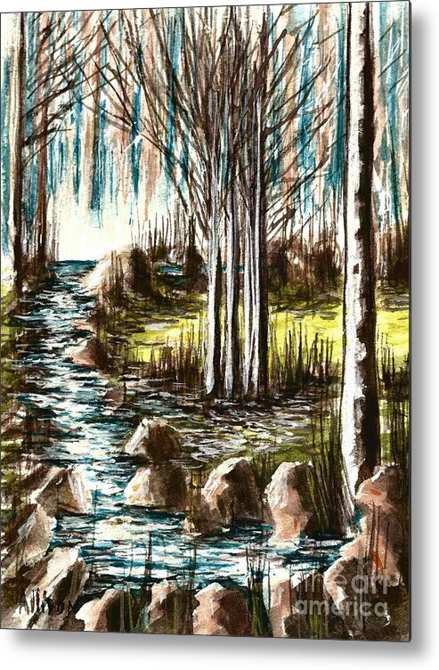 #forest #water #trees #rivers #landscapes #rocks #watercolors Metal Print featuring the painting Just Around the Riverbend by Allison Constantino