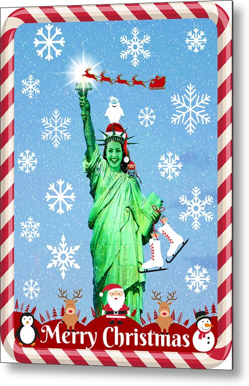 Christmas Card Metal Print featuring the mixed media Lady Liberty's Got The Christmas Spirit IV by Aurelio Zucco