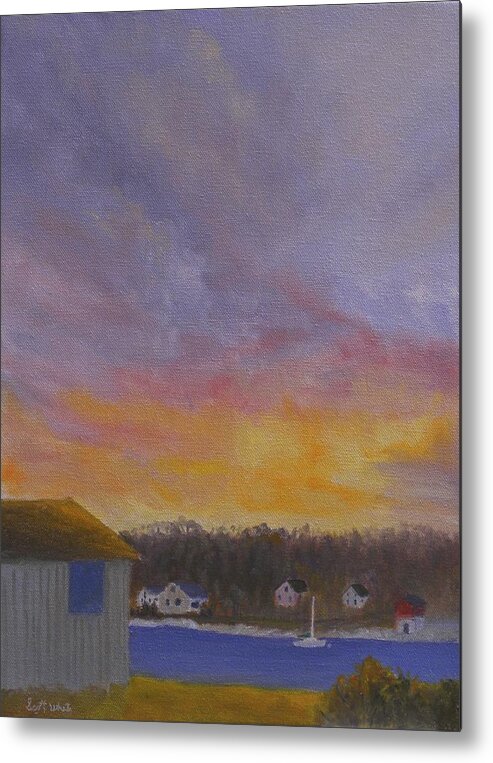 Sunrise Ocean Long Cove Maine Bristol Water Camp Sailboat Cottages Storm Clouds Chamberlain Metal Print featuring the painting Long Cove Sunrise by Scott W White