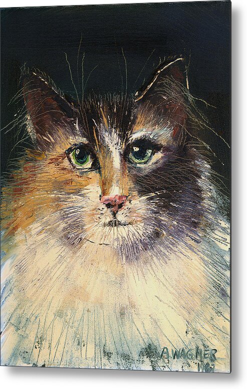 Cat Metal Print featuring the painting Long Haired Cat by Arline Wagner