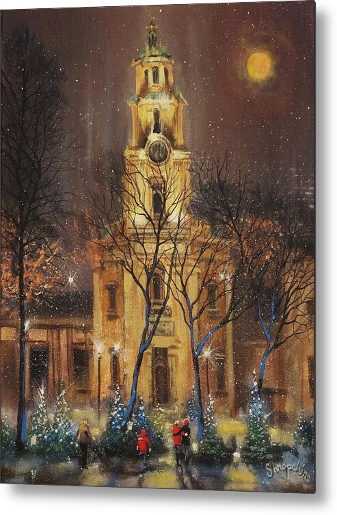 Christmas Display Metal Print featuring the painting Moon Over Cathedral Square by Tom Shropshire