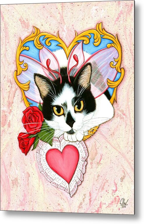 Tuxedo Cat Metal Print featuring the painting My Feline Valentine Tuxedo Cat by Carrie Hawks