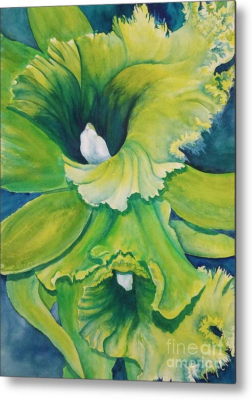 Neon Green Orchid Metal Print featuring the painting Neon Fluffy Cattleya Orchids by Lisa Debaets