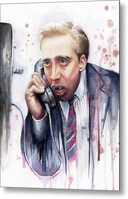 Nicolas Cage Metal Print featuring the painting Nicolas Cage A Vampire's Kiss Watercolor Art by Olga Shvartsur