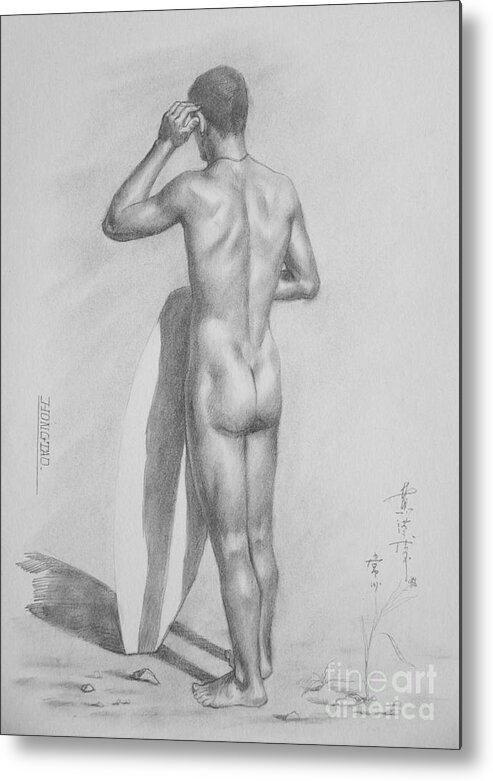 Drawing Metal Print featuring the drawing Original Charcoal Drawing Art Male Nude Seaside On Paper #16-3-11-34 by Hongtao Huang