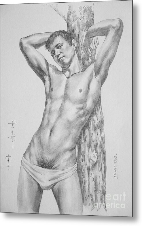 Charcoal Metal Print featuring the drawing Original Drawing Art Male Nude Men Gay Interest Boy On Paper By Hongtao #11-16-06 by Hongtao Huang