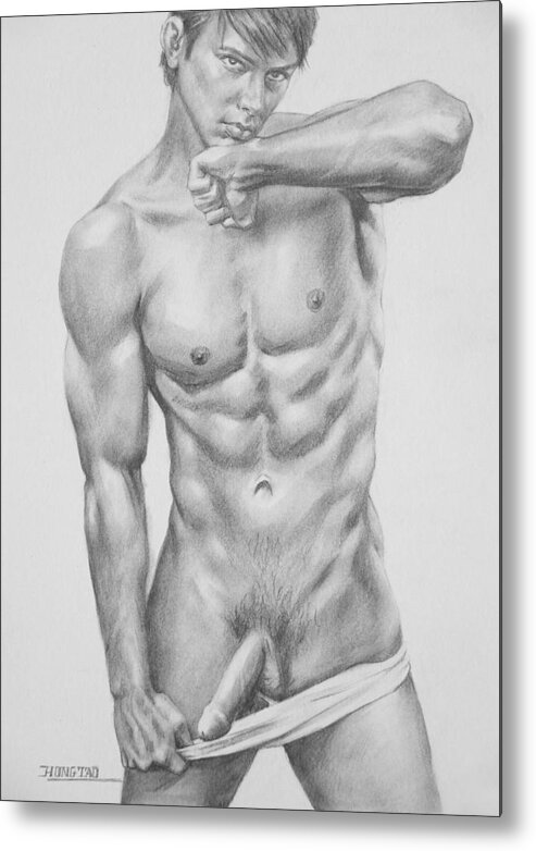 Drawing Metal Print featuring the drawing Original drawing charcoal male nude art on paper #16-4-7 by Hongtao Huang