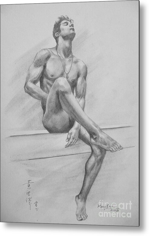 Original Art Metal Print featuring the drawing Original Drawing Charcoal Male Nude Boy Man On Paper #16-3-29-01 by Hongtao Huang