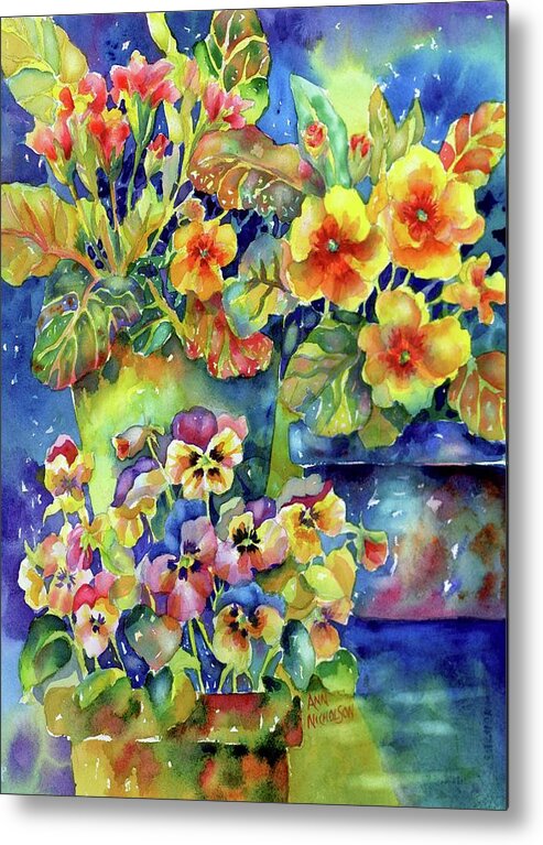 Watercolor Metal Print featuring the painting Pansies and Primroses by Ann Nicholson
