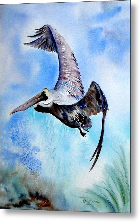 Birds Metal Print featuring the painting Pelican in Flight by Diane Kirk