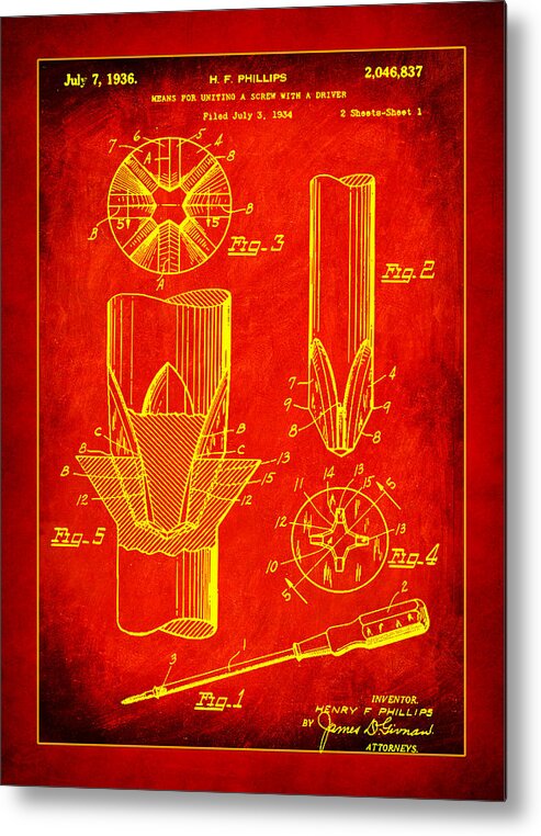 Patent Metal Print featuring the mixed media Phillips Screwdriver Drawing 1g by Brian Reaves