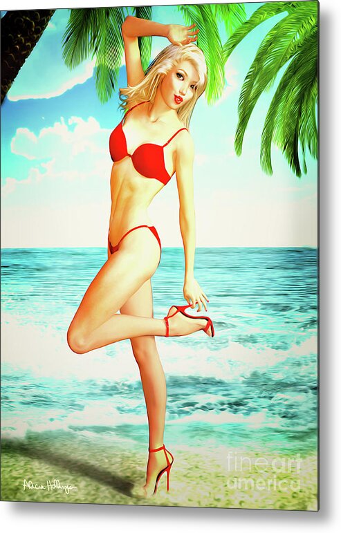 Pin-up Metal Print featuring the digital art Pin-Up Beach Blonde in Red Bikini by Alicia Hollinger