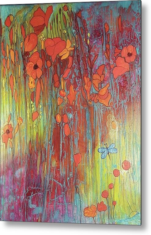 #acrylicpaintsandinks #acrylicabstracts #abstractartforsale.#originalartforsale #artandmusic #supportlocalartists #canvasart #sugarplum #sugarplumtheband.com Metal Print featuring the painting Poppies and Dragonfly by Cynthia Silverman