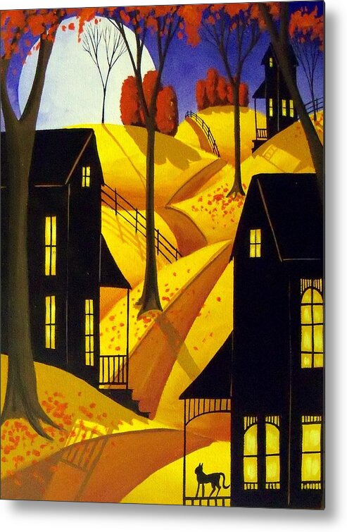 Folk Art Metal Print featuring the painting Porch Kitty - folk art landscape cat by Debbie Criswell
