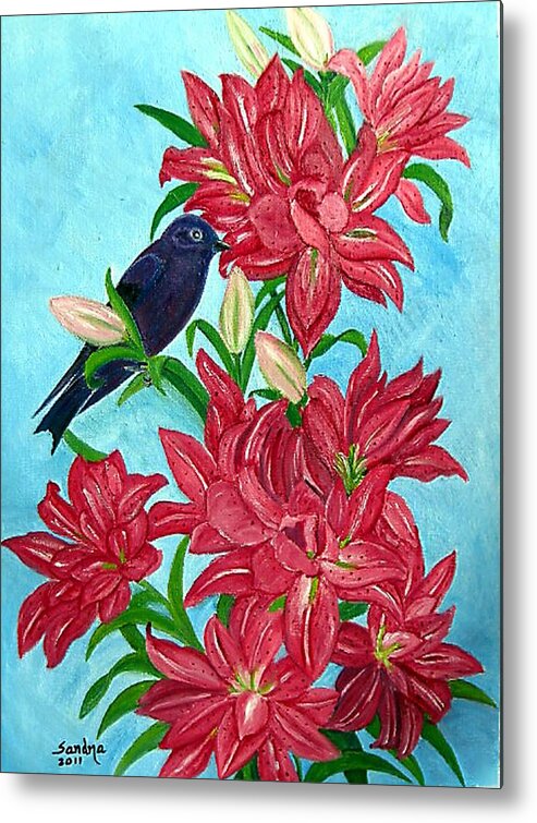 Purple Martin Metal Print featuring the painting Purple Martin and Pink Lilies by Sandra Maddox