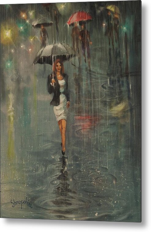 Woman With Umbrella Metal Print featuring the painting Rain in the City by Tom Shropshire