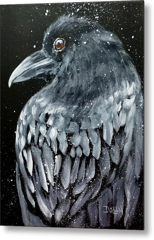 Raven Portrait Metal Print featuring the painting Raven in Snow by Pat Dolan