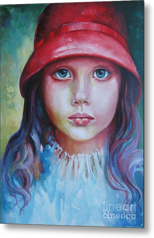 Girl Metal Print featuring the painting Red hat by Elena Oleniuc