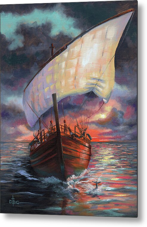 Ship Metal Print featuring the painting Running with the Dolphins at Sunset by David Bader