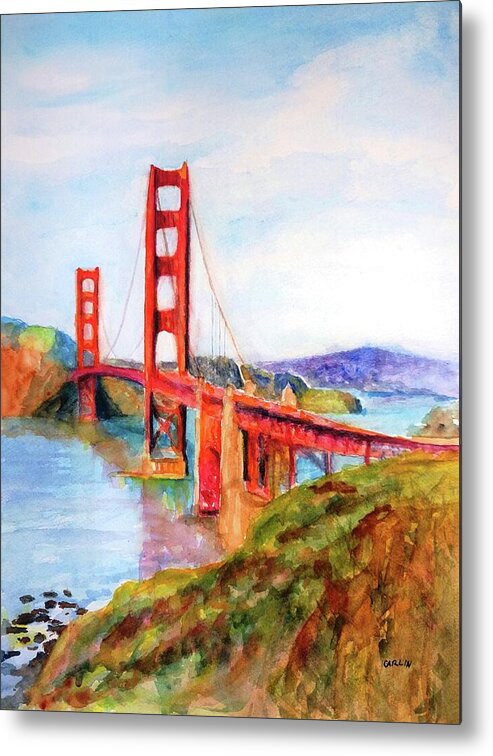Golden Gate Bridge Metal Print featuring the painting San Francisco Golden Gate Bridge Impressionism by Carlin Blahnik CarlinArtWatercolor
