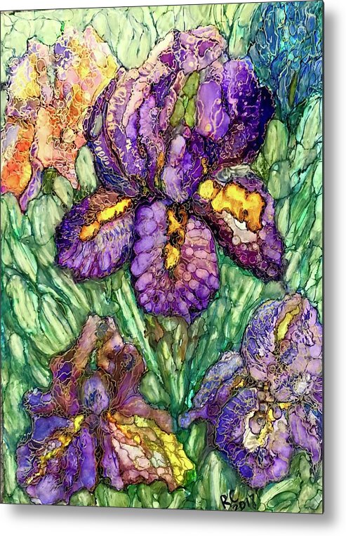 Iris Metal Print featuring the painting Shimmering Irises by Rae Chichilnitsky