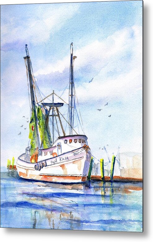 Shrimp Boat Metal Print featuring the painting Shrimp Boat Gulf Fishing by Carlin Blahnik CarlinArtWatercolor