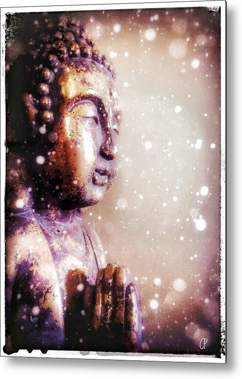 Buddha Metal Print featuring the mixed media Snowy Buddha by Christine Paris