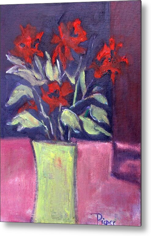 Strong Design Metal Print featuring the painting Still Life of Red Flowers in Yellow Jug by Betty Pieper