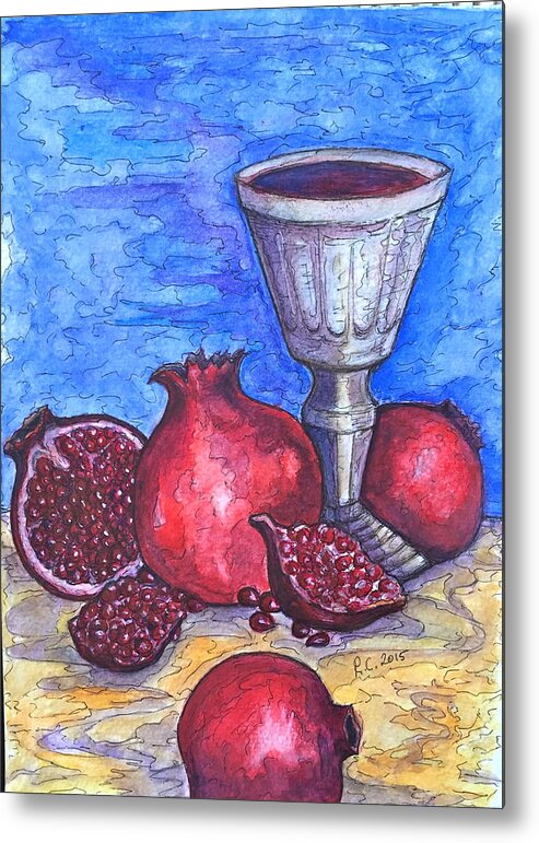 Original Copy Metal Print featuring the painting Still Life with Pomegranate and Goblet 2 by Rae Chichilnitsky