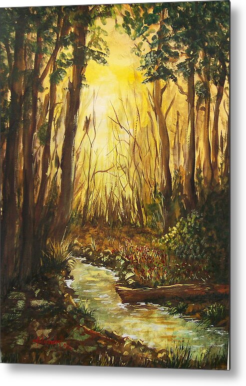 Stream Forest Trees Sunset Sunrise Metal Print featuring the painting Stream by Miroslaw Chelchowski