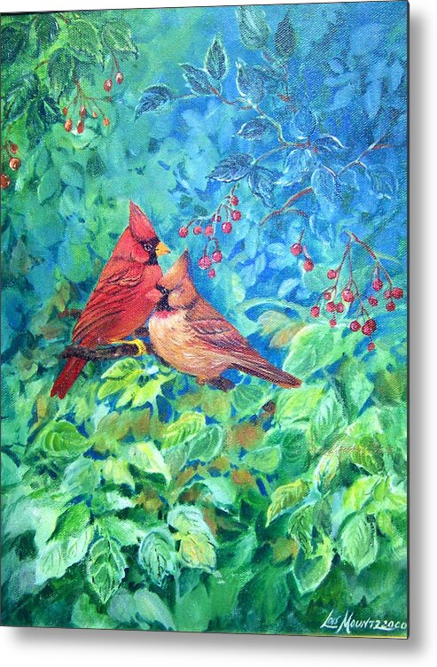 Cardinals;birds;berries; Metal Print featuring the painting Sweet Contentment by Lois Mountz