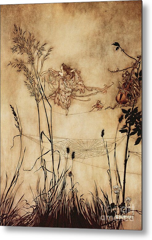 Woman Metal Print featuring the drawing The Fairy's Tightrope from Peter Pan in Kensington Gardens by Arthur Rackham