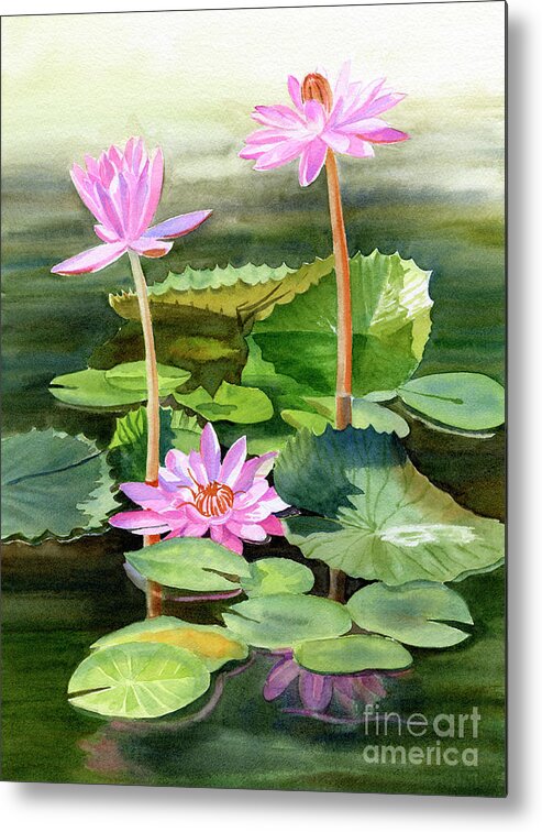 Pink Metal Print featuring the painting Three Pink Water Lilies with Pads by Sharon Freeman