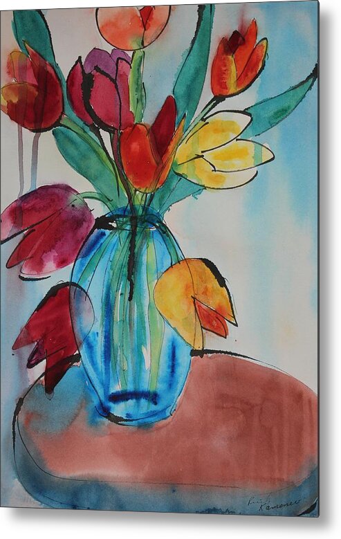 Tulips Metal Print featuring the painting Tulips in a Blue Glass Vase by Ruth Kamenev