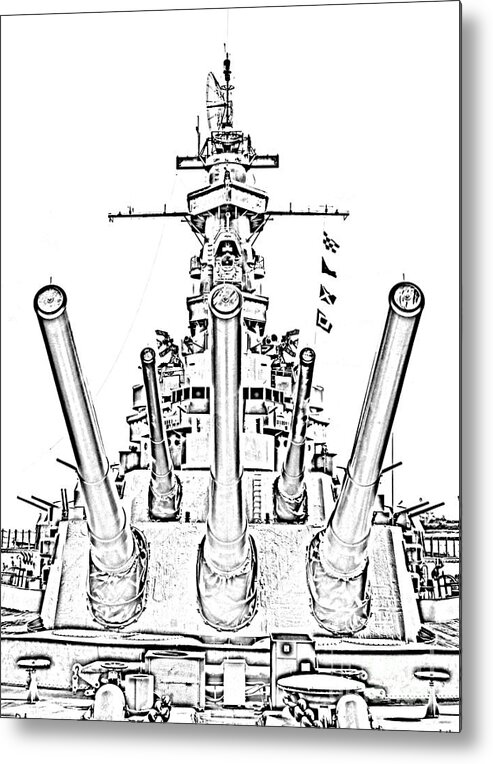 Uss Alabama Metal Print featuring the photograph USS Alabama Battleship Guns Tower and Flags Mobile Alabama Black and White Line Art by Shawn O'Brien
