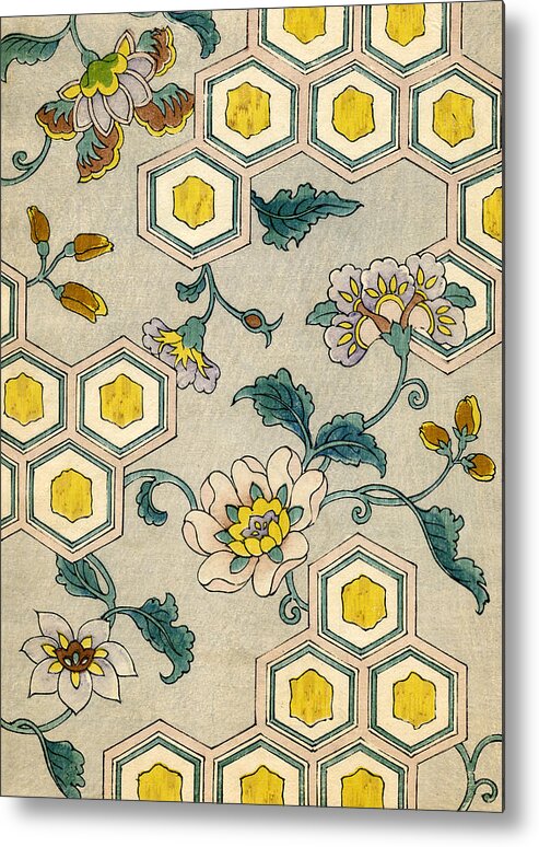 #faatoppicks Metal Print featuring the painting Vintage Japanese illustration of blossoms on a honeycomb background by Japanese School