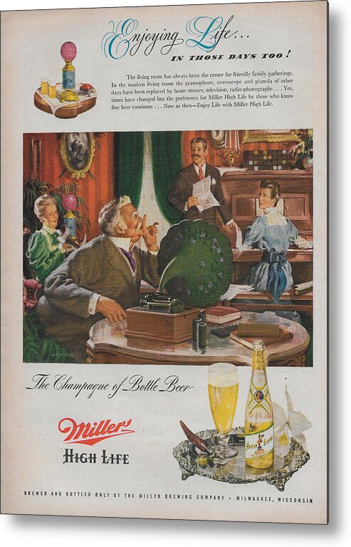 Beer Metal Print featuring the mixed media Vintage Miller High Life ad 1949 by James Smullins