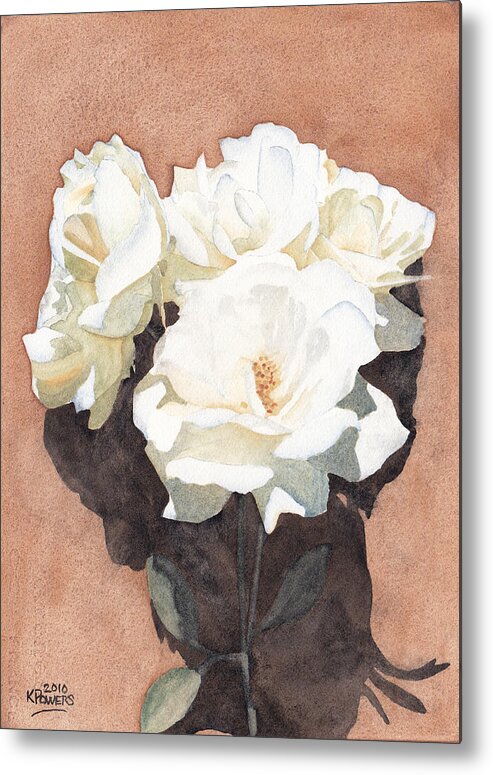 White Metal Print featuring the painting White Roses by Ken Powers
