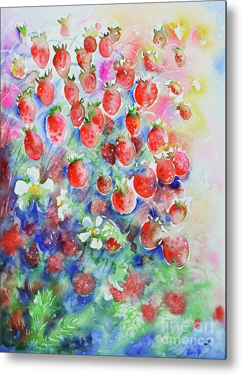 Red Metal Print featuring the painting Wild Strawberries by Zaira Dzhaubaeva