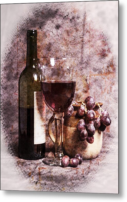 Wine Metal Print featuring the photograph Wine Bottle Glass Grapes And Jug Portrait Format by John Paul Cullen