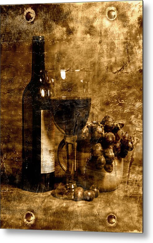 Metal Metal Print featuring the photograph Wine Glass Grapes And Jug In Portrait Format And A Painting On M by John Paul Cullen