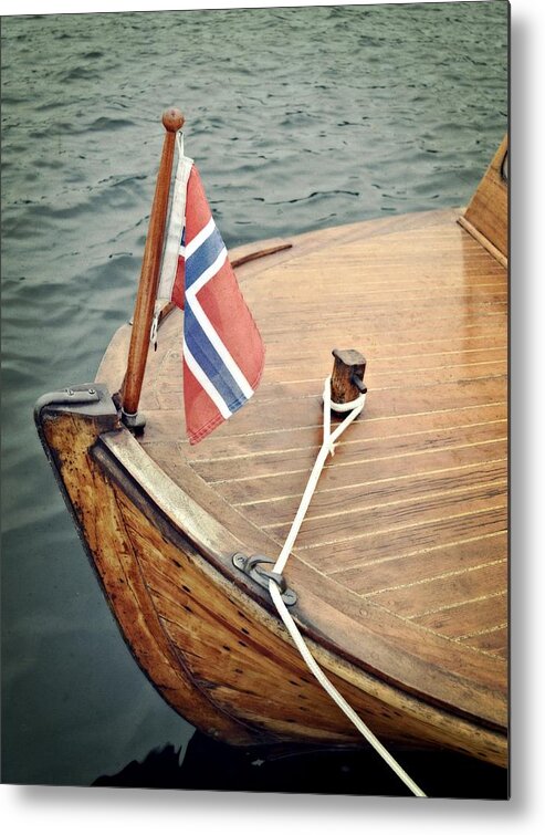 Classic Boat Metal Print featuring the photograph Wooden Boat with Norwegian Flag by Michelle Calkins