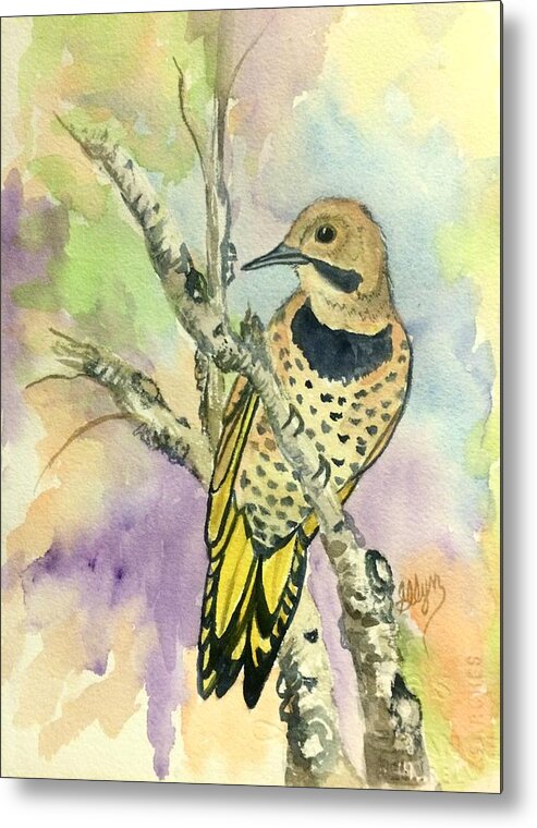 Yellow Shafted Flicker Metal Print featuring the painting Yellow Shafted Northern Flicker by Ellen Levinson