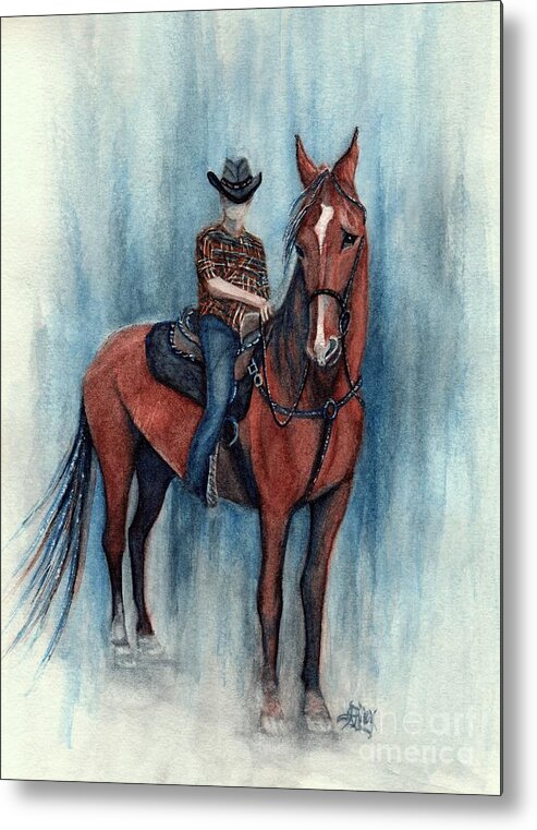 Cowboy Metal Print featuring the painting Young Cowboy on a Western Horse by Janine Riley