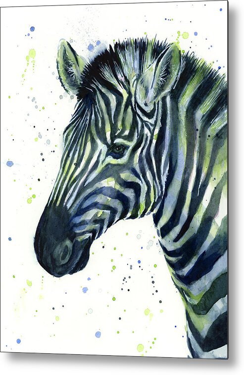 Zebra Metal Print featuring the painting Zebra Watercolor Blue Green by Olga Shvartsur